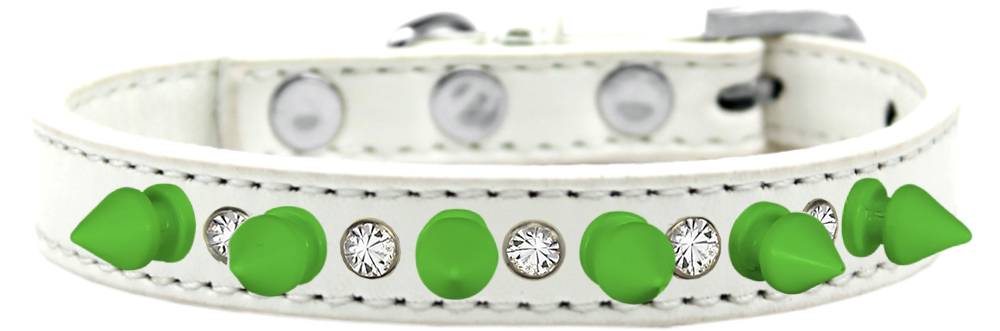 Crystal and Neon Green Spikes Dog Collar White Size 14
